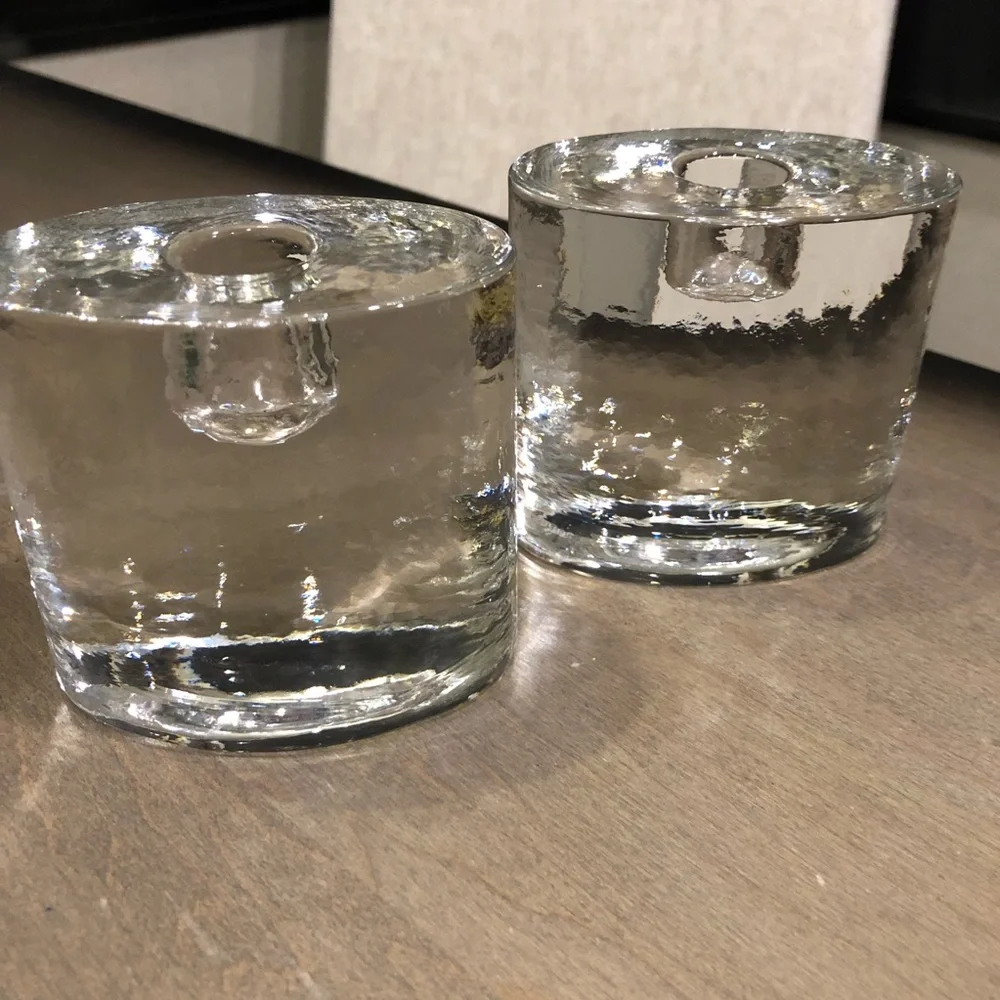 Crate & Barrel Elegant Crystal Clear Ice tapered Candle Holders set of two